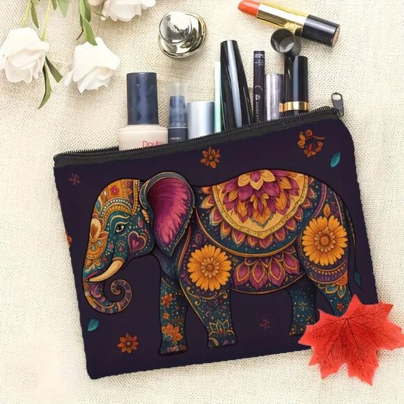 Halloween Gothic Purple Elephant w Flowers Makeup Bag - Double-Sided Printed - Picture 1 of 2